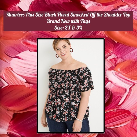 Maurice's Plus Size Black Floral Smocked Off the Shoulder Top 2X & 3X - Picture 1 of 12